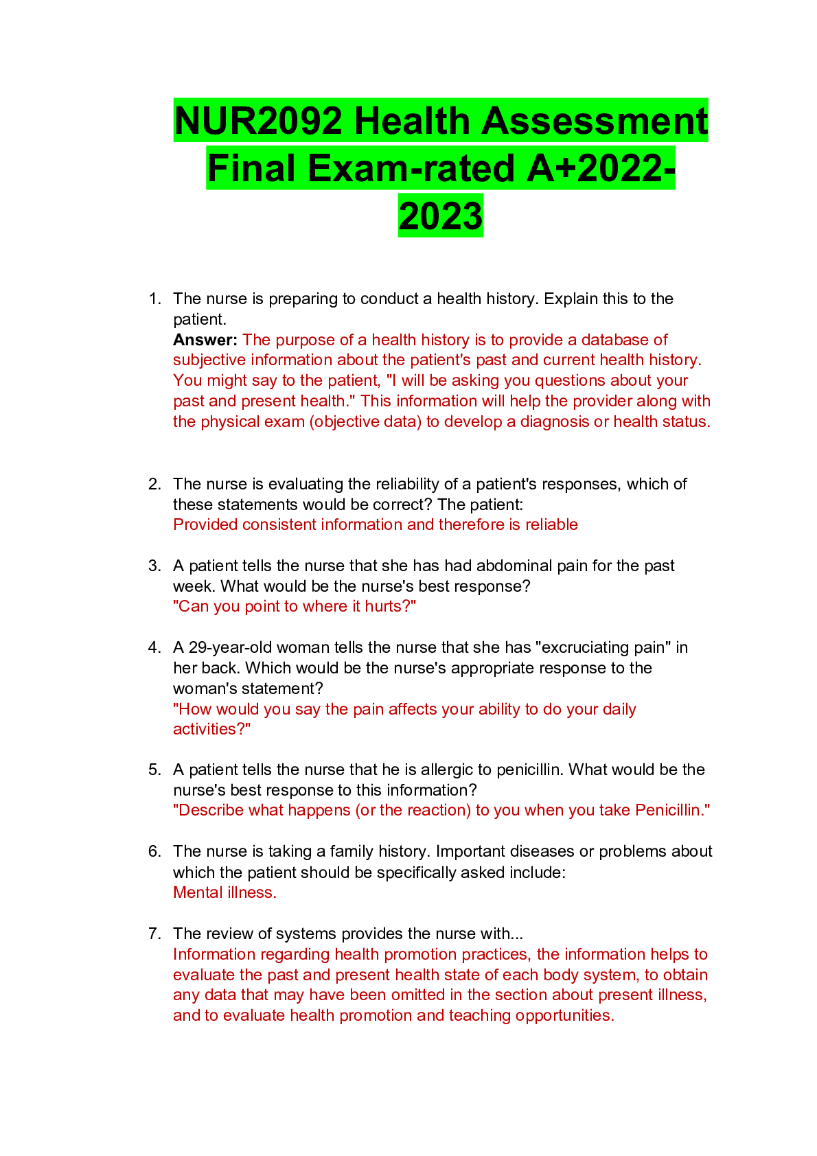 Preview image for NUR2092 Health Assessment Final Exam-rated A+2022-2023